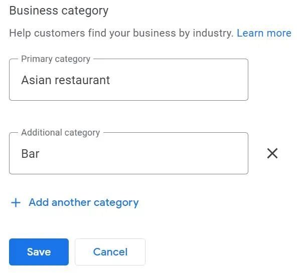 Googleov izbornik kategorija: Asian restaurant kao glavna kategorija i Bar kao dodatna, s gumbom Save.