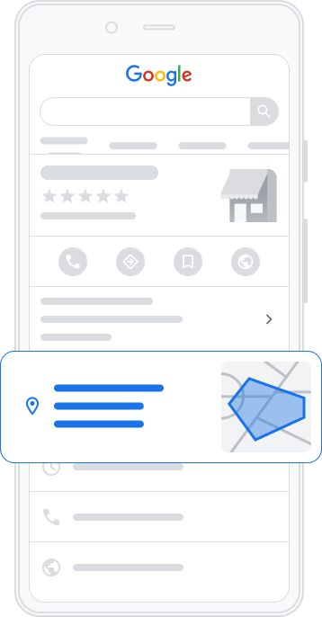Googleova ilustracija mobilnog profila s istaknutim područjem pružanja usluge na karti.